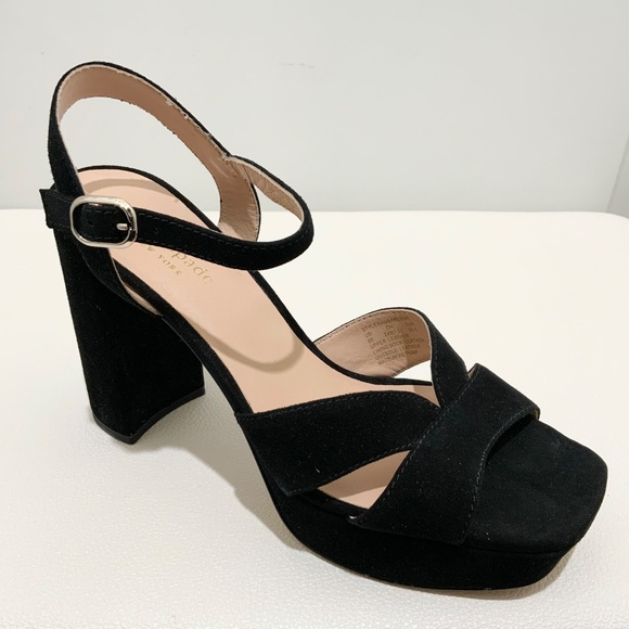 Kate Spade Delight Platform Heel Sandal Black Suede Block Heel Ankle Strap Pumps - Picture 10 of 16